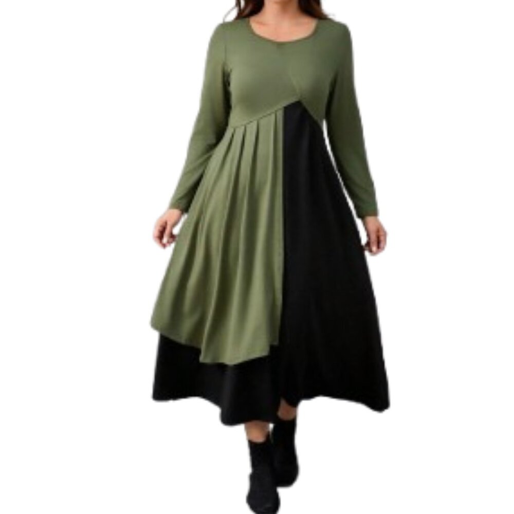 S255 Black Green Long Sleeve Jersey Dress Size 1XL New NWOT